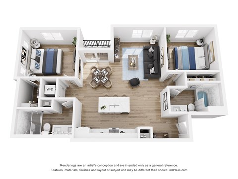 A 3D floor plan of a house with a kitchen, living room, and two bedrooms.